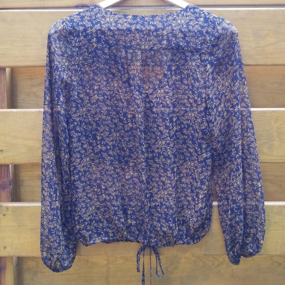 Sheer Navy & Tan Leaf Print Button-front Blouse - Picture 4 of 4